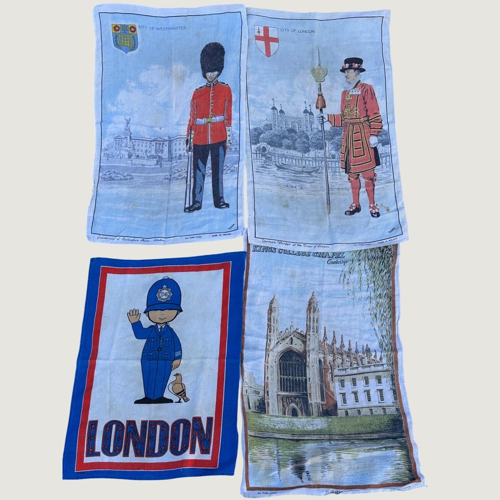 Vintage Ulster Irish Linen Tea Towels London Souvenir Set of 4 Guardsman Bobby